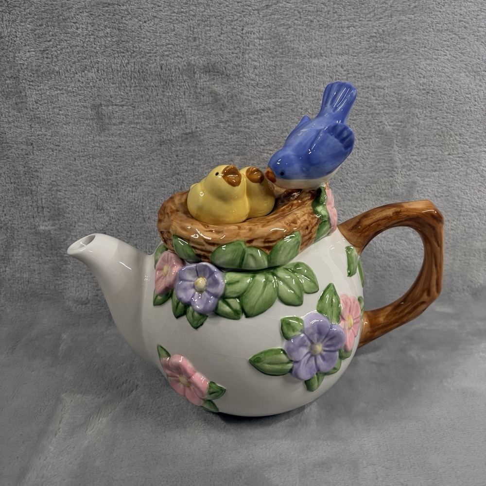 Vintage Ceramic Telaflora Teapot with Blue and Yellow Birds in Nest - 9" by 7.5"
